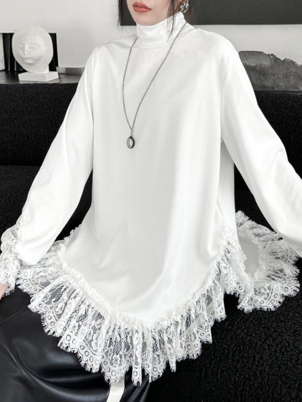 Solid Color Split-Joint Long Sleeves Loose High Neck T-Shirts Tops