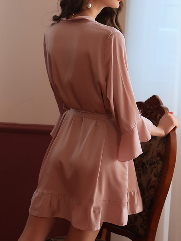 Falbala Ribbed Solid Color Loose V-neck Robes Intimates&Pajamas