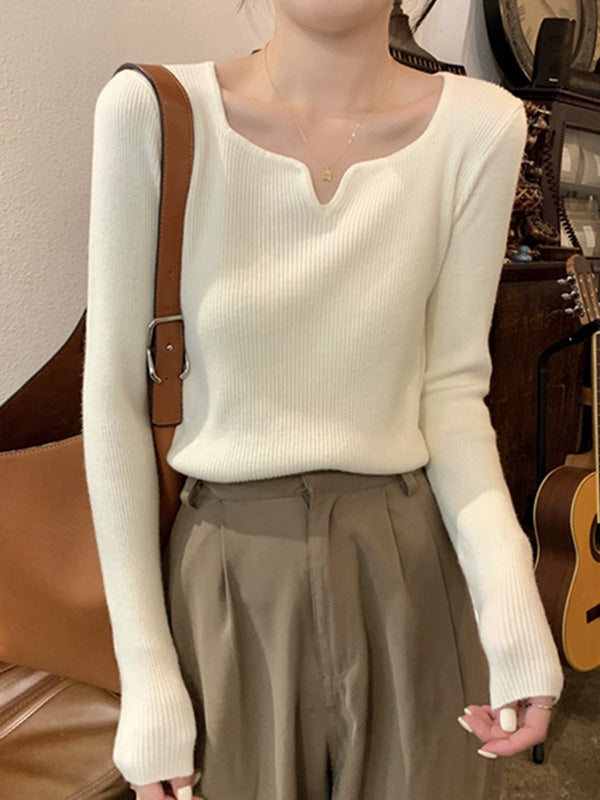 Colorful Solid Color Long Sleeves Skinny V-neck Sweater Tops Pullovers Knitwear