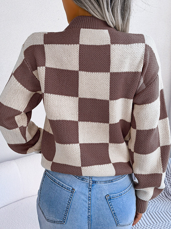 Contrast Color Plaid Long Sleeves Loose Round-Neck Sweater Tops
