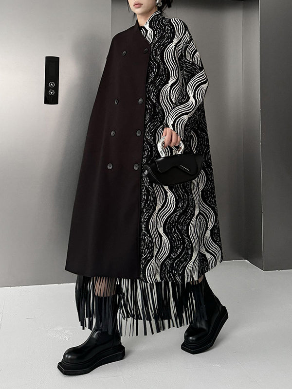 Buttoned Contrast Color Pockets Long Sleeves Loose Stand Collar Woolen Coat
