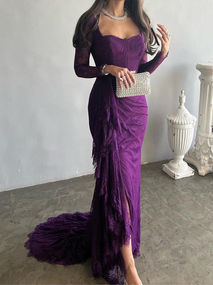 Mesh See-Through Split-side Long Sleeves Mermaid Square-neck Maxi Dresses Evening Dresses