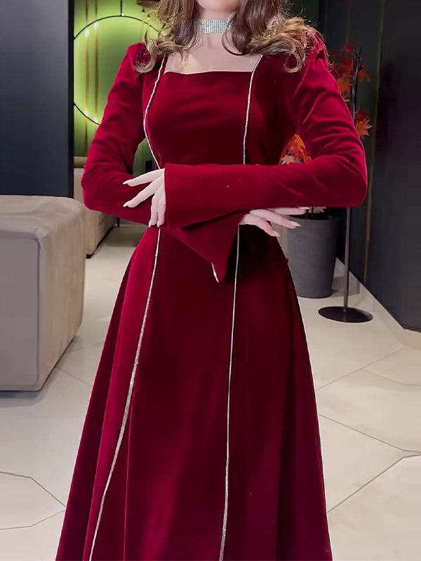 Long Sleeves Wrap Bandage Belted Contrast Color Square-Neck Maxi Dresses