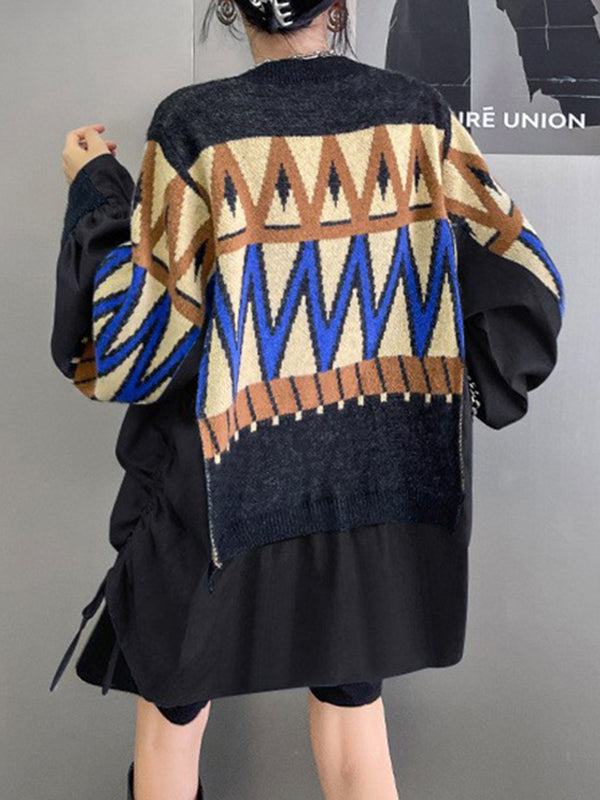 Drawstring Split-Joint False Two Long Sleeves V-Neck Sweater