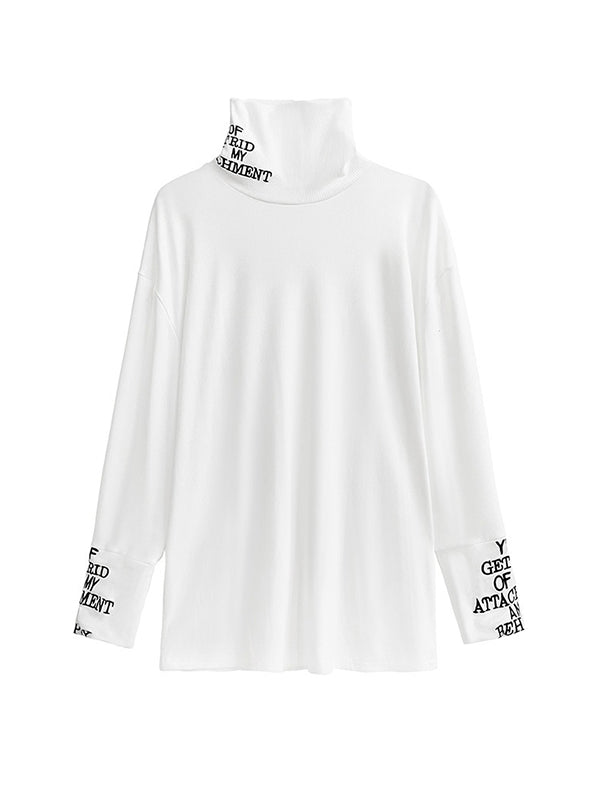 Letter Print Split-Joint Long Sleeves Loose High Neck T-Shirts