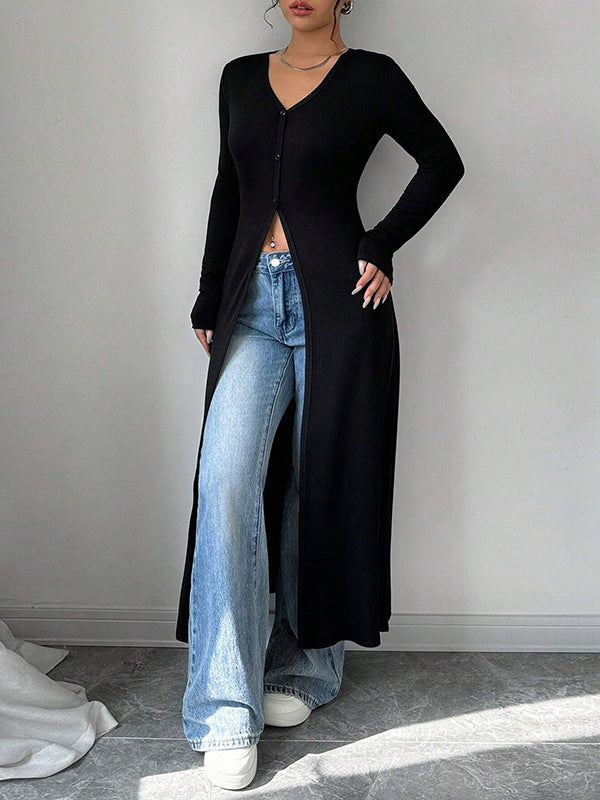 Buttoned Solid Color Split-Front Long Sleeves Skinny V-Neck T-Shirts