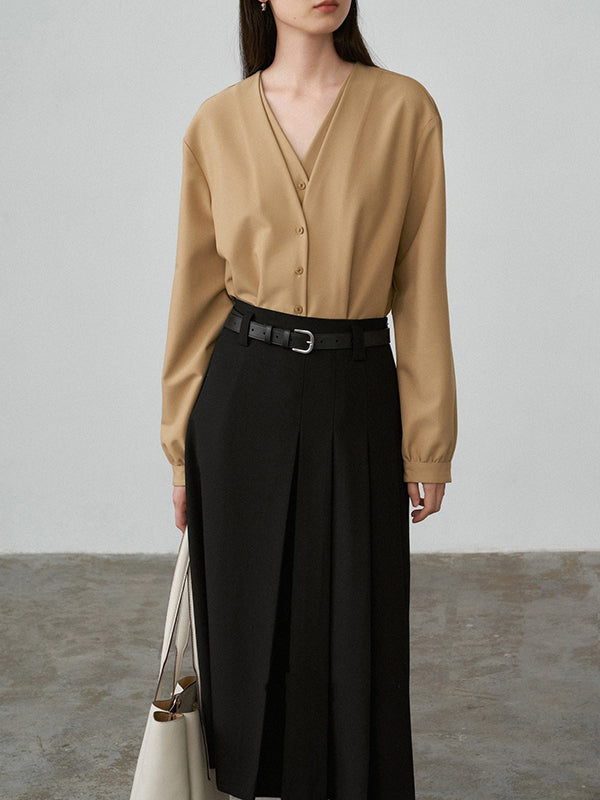 Buttoned Solid Color False Two Long Sleeves V-Neck Blouses&Shirts Tops
