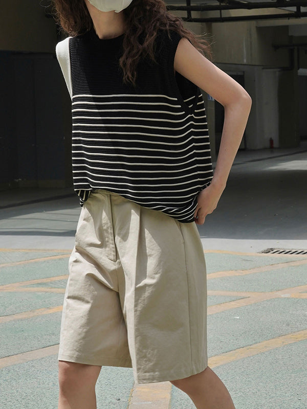 Striped Loose Sleeveless Round-neck Vest Top