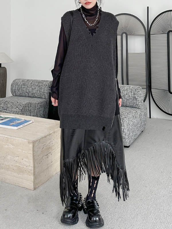 Asymmetric Split-Side Zipper Loose Sleeveless V-Neck Vest Outerwear