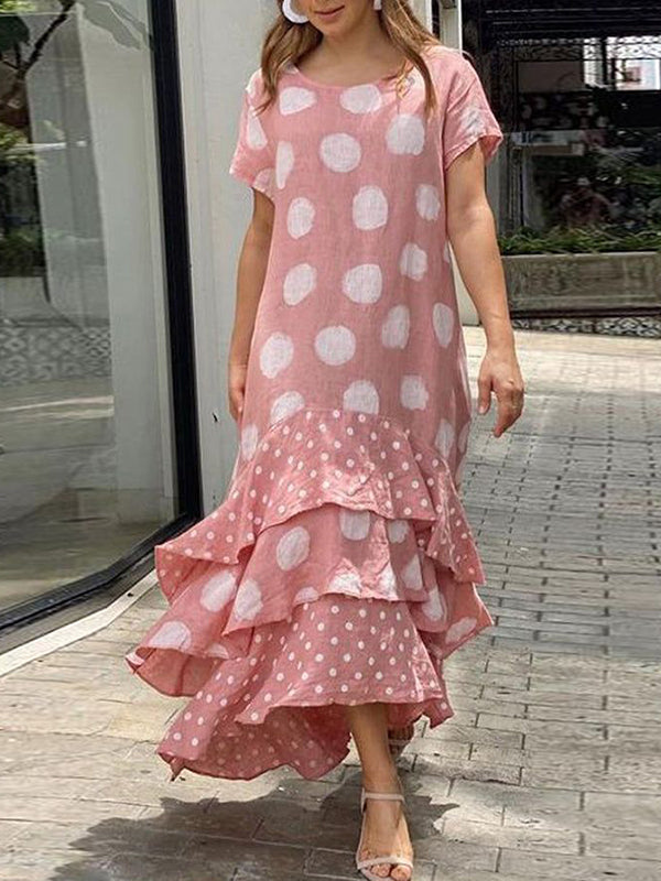 Layered Polka-Dot Split-Joint A-Line Loose Round-Neck Maxi Dresses