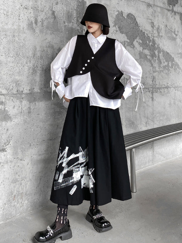 Original Loose Lace-Up Hollow Sleeve Blouse+Black Vest+Wide Leg Pants Culotte Three Pieces Set