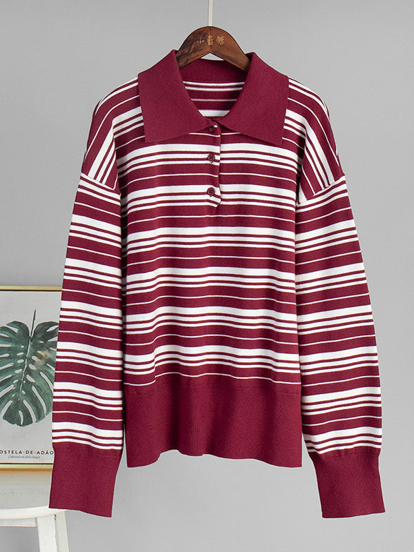 Split-Joint Striped Long Sleeves Lapel Sweater Tops