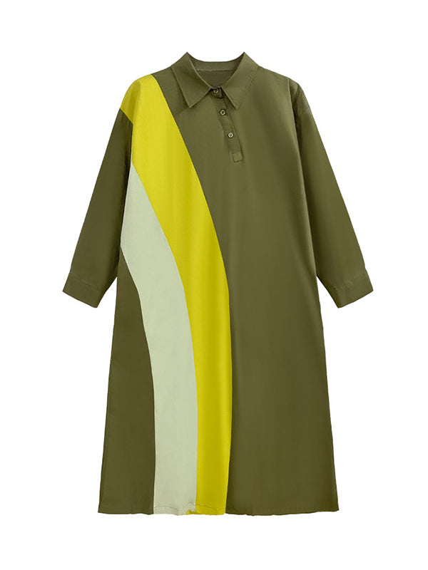 Asymmetric Buttoned Contrast Color Split-Joint Long Sleeves Loose Lapel Shirt Dress Midi Dresses