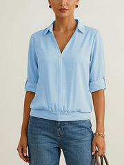 Solid Color Split-Joint Half Sleeves Lapel Blouses&shirts Tops