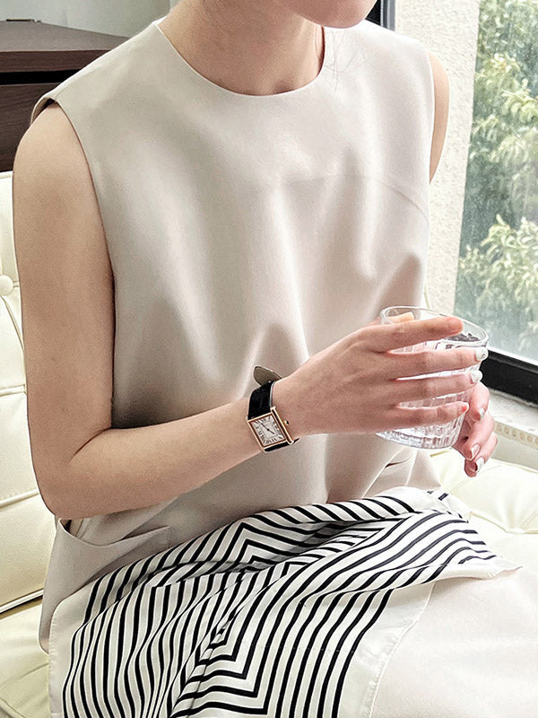 Pockets Solid Color Split-Back Zipper High Waisted Loose Round-Neck Midi Dresses