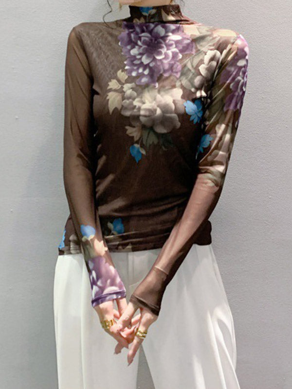 Floral Printed See-Through Split-Joint Long Sleeves Plus Size High Neck T-Shirts