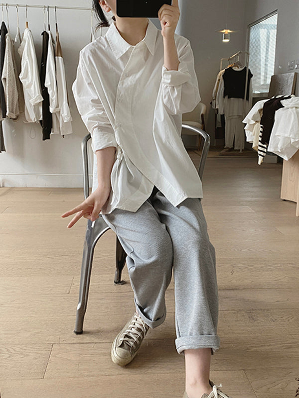 Lace-Up Solid Color Irregular Clipping Long Sleeves Lapel Blouses