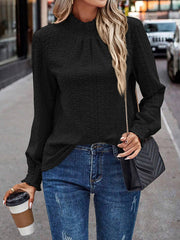 Elasticity Jacquard Pleated Solid Color Long Sleeves Loose Mock Neck T-Shirts Tops