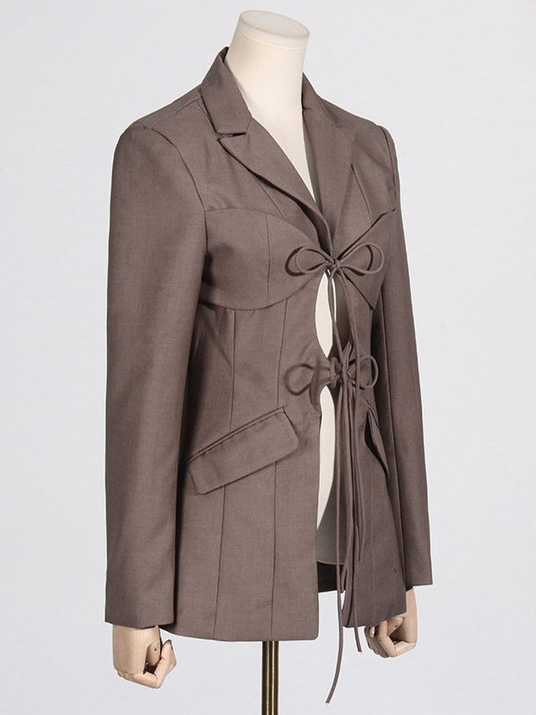 Pockets Solid Color Tied Long Sleeves Loose Notched Collar Outerwear Blazer