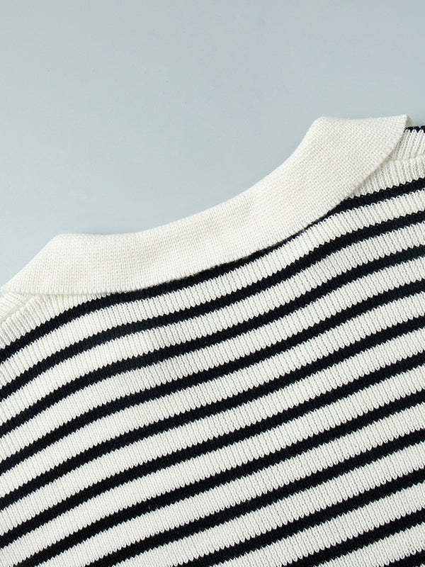 Split-Joint Striped Long Sleeves Loose Lapel Sweater Tops