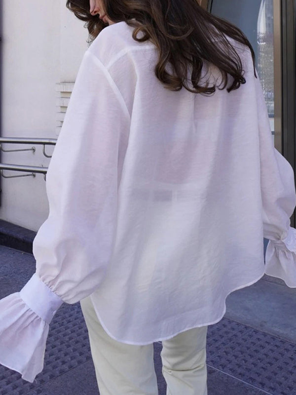 Pleated Solid Color Split-Joint Loose Puff Sleeves Lapel Blouses&shirts Tops