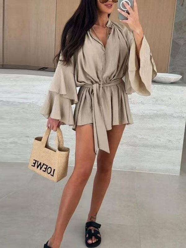 Lace-Up Pleated Solid Color Split-Joint Tiered Flared Sleeves Loose Round-neck Mini Dresses