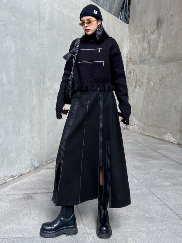 Solid Color Split-Joint Split-Side Zipper A-Line Irregularity Skirts Bottoms