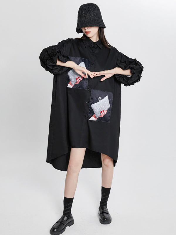 Loose High-Low Irregular Applique Shirt Dress Midi Dress