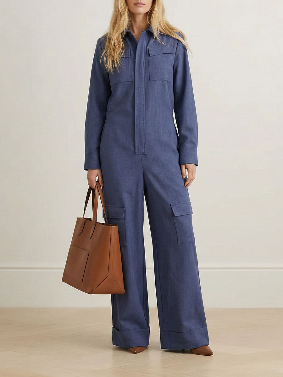 Long Sleeves Loose Solid Color Zipper Lapel Jumpsuits