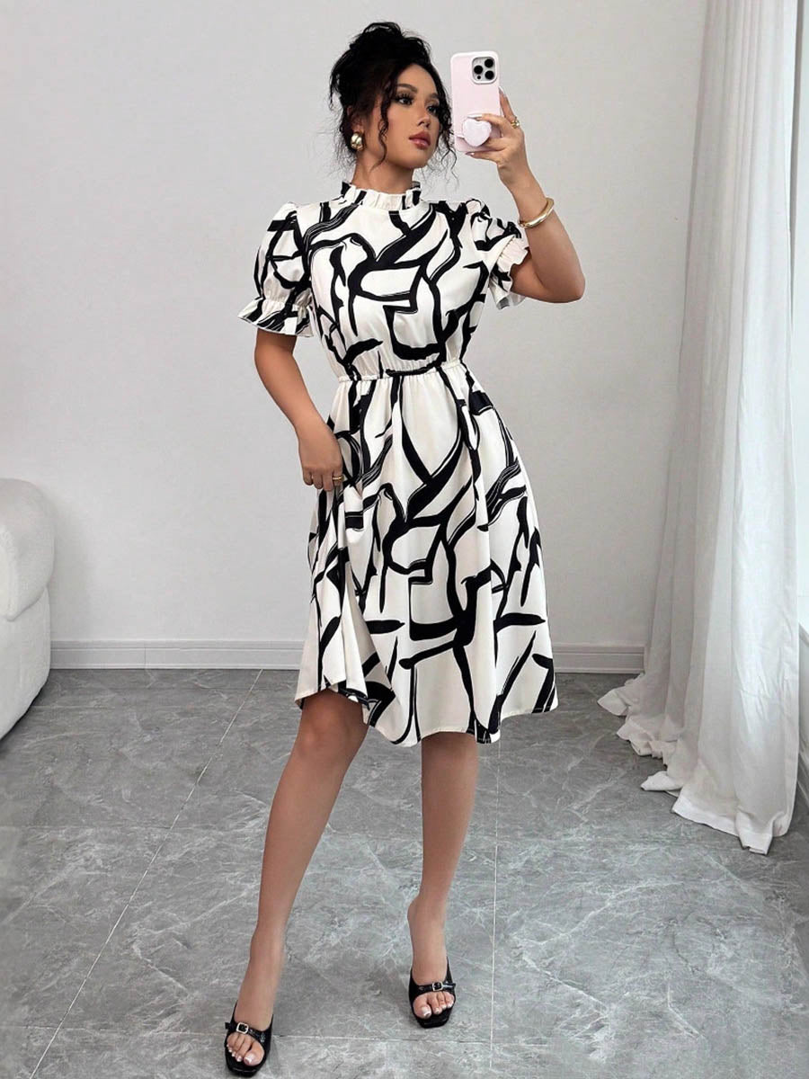 Abstract Printed Contrast Color Ruffled Split-Joint A-Line Bodycon Midi Dresses