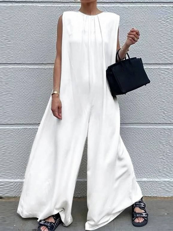 Solid Color Loose Sleeveless Round-Neck Wide Leg Jumpsuits