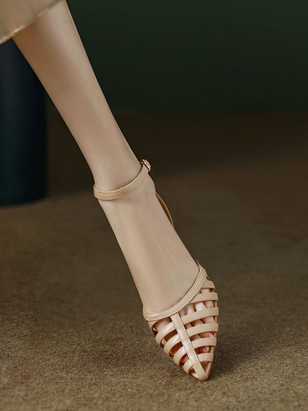 Belt Buckle Hollow Pointed-Toe Split-Joint Sling Shoes Pumps Sandals