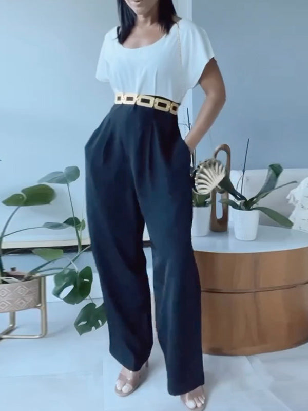 Contrast Color Split-Joint Loose Short Sleeves Round-Neck Jumpsuits