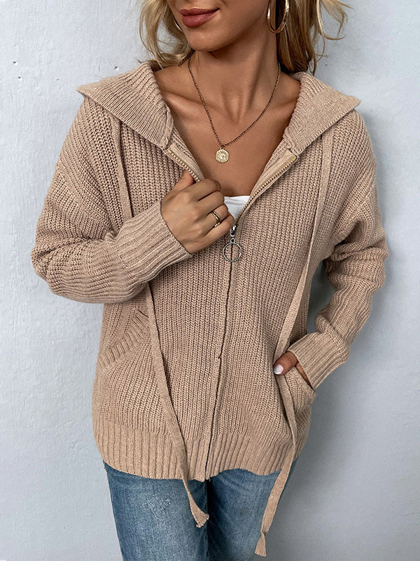Casual Long Sleeves Hooded Solid Color Cardigan Tops