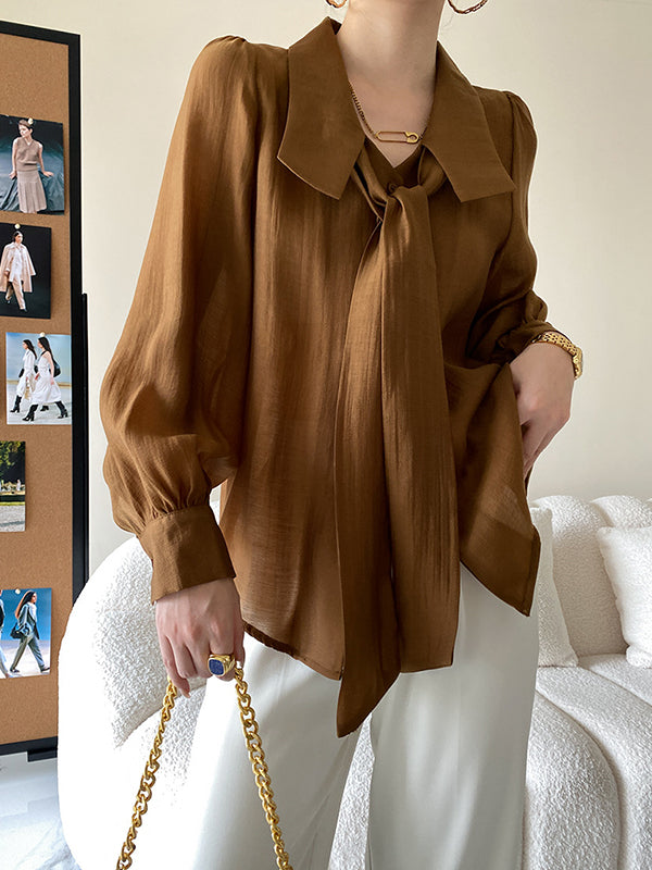Urban Loose Long Sleeves Solid Color Lapel Collar Blouses
