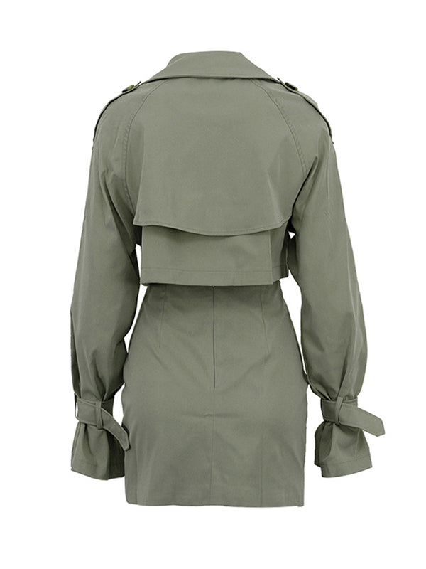 Buttoned Long Sleeves Buckle Split-Joint Lapel Outerwear Top + Bodycon Skirts Bottom Two Pieces Set