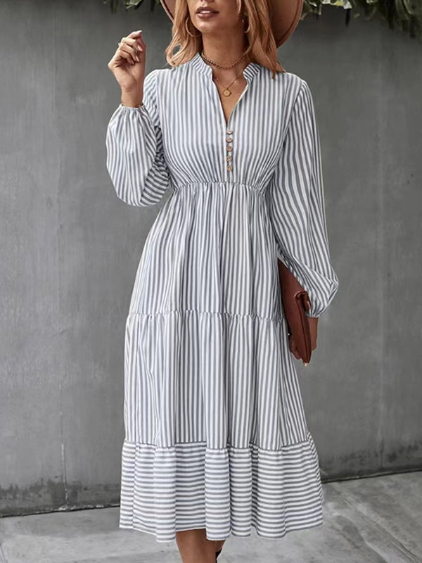 Pleated Split-Joint Striped Loose Puff Sleeves V-Neck Shirt Dress Midi Dresses