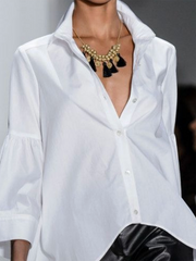 Buttoned Solid Color Flared Sleeves Long Sleeves Lapel Blouses&shirts Tops