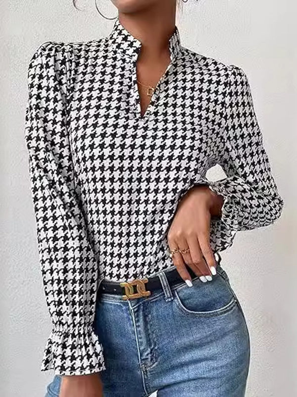 Elasticity Houndstooth Split-Joint Long Sleeves Loose V-Neck Blouses&Shirts Tops