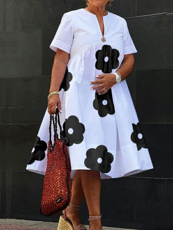 Flower Print Loose Short Sleeves V-Neck Midi Dresses