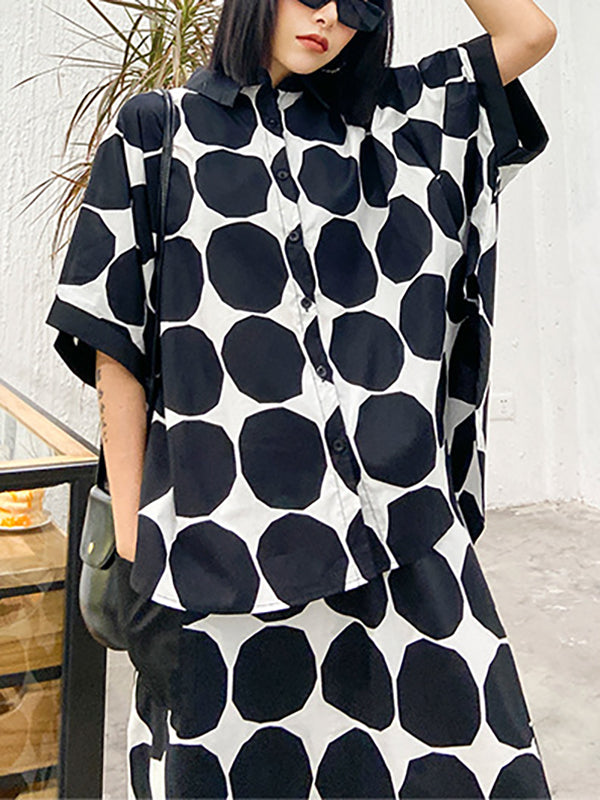 Round-Neck Batwing Sleeves Buttoned Polka-Dot Shirts Top + Elasticity Pockets Harem Pants Pants Bottom Two Pieces Set