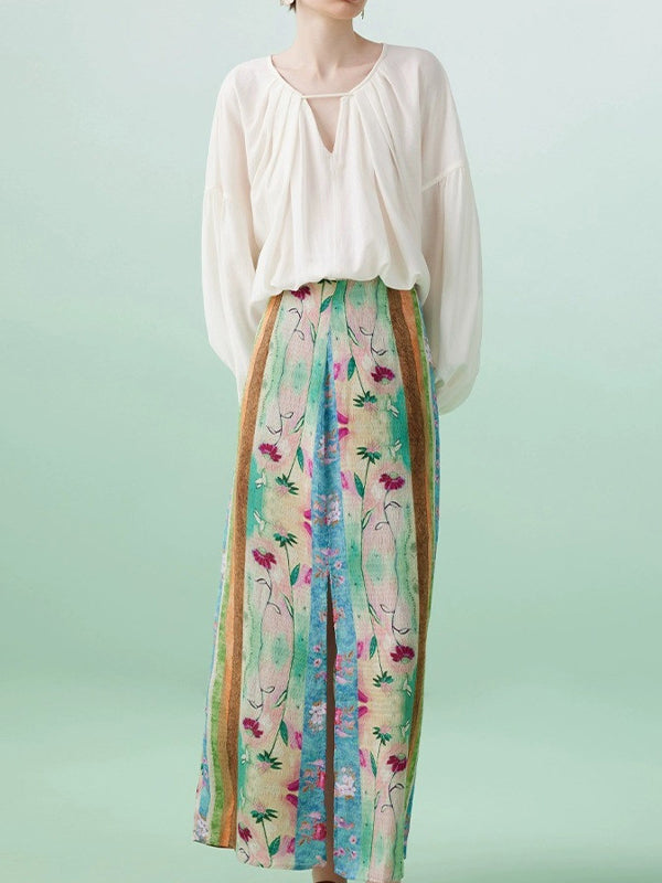 Contrast Color Flower Print Split-Front Wrap Skirts Bottoms