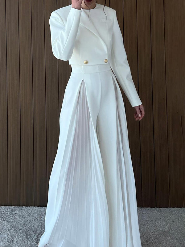 Round-Neck Long Sleeves Buttoned Solid Color Split-Joint Blazers Top +Zipper  Wide Leg Mesh Pleated Pants bottom Two Pieces Set