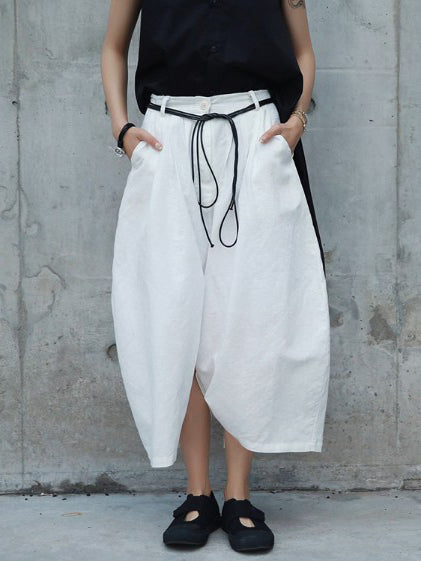 Loose White Linen Split-Side Harem Pants