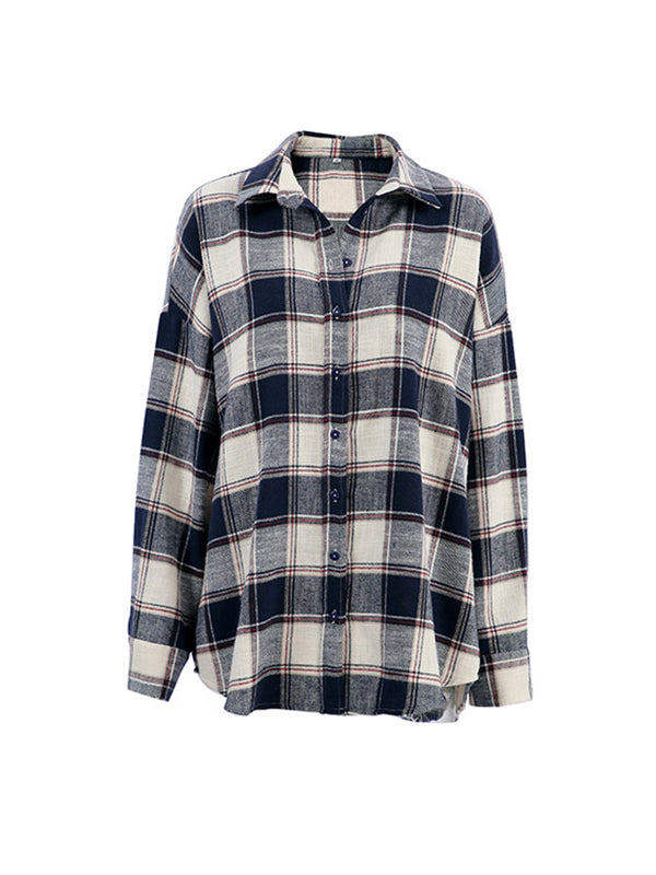Plaid Split-Joint Long Sleeves Loose Lapel Blouses&Shirts Tops