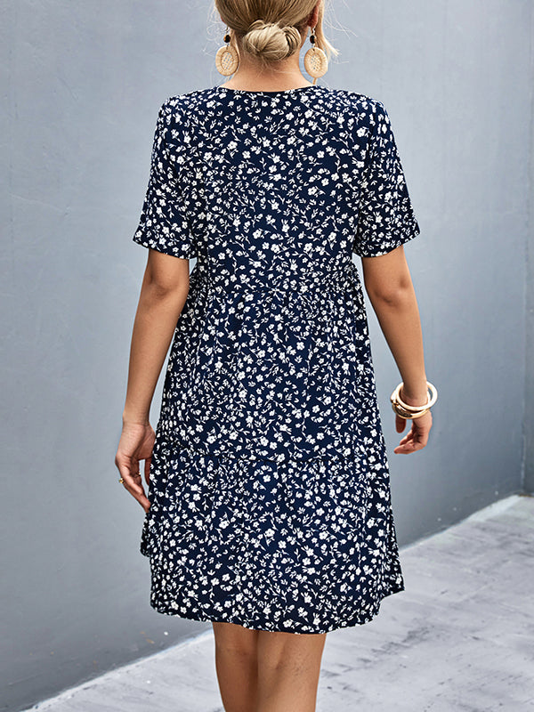 Flower Print Split-Joint Short Sleeves V-Neck Mini Dresses