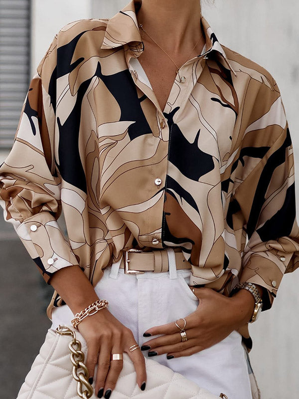 Buttoned Printed Long Sleeves Loose Lapel Blouses&Shirts Tops