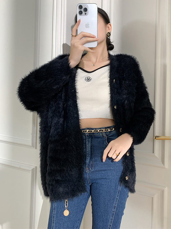 Casual Long Sleeves Loose Solid Color V-Neck Cardigan Tops