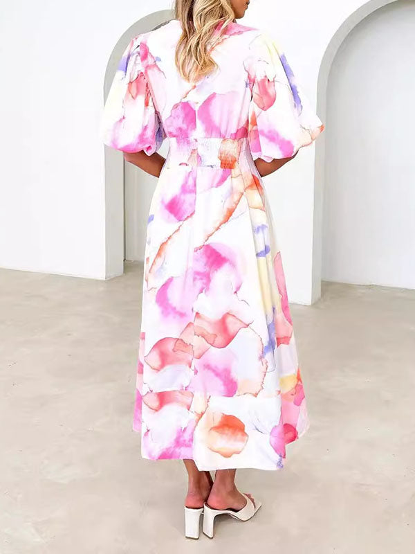 Flower Print Pleated Split-Joint Zipper A-Line High Waisted V-Neck Maxi Dresses