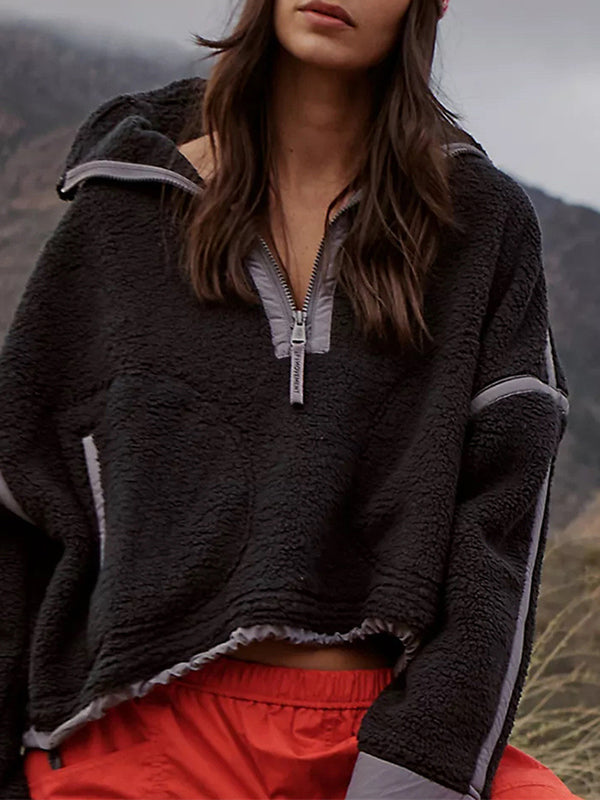 Split-Joint Velvet Zipper Long Sleeves Loose Stand Collar Sweatershirt
